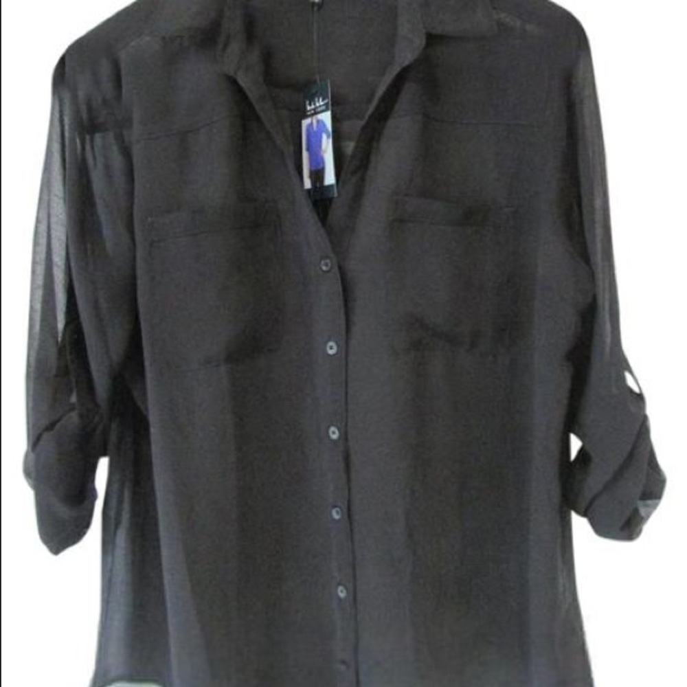 Nicole Miller Black Sheer Button Down Blouse